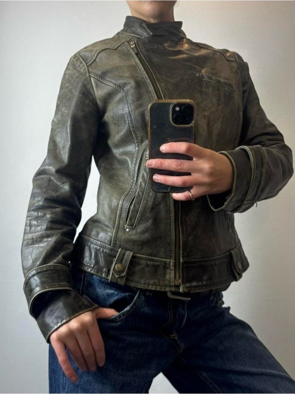 Vintage Olive Green Khaki Leather Moto Asymmetric Jacket